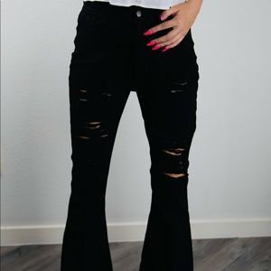 High Waist Pocket Bell-Bottom Destroyed Jeans